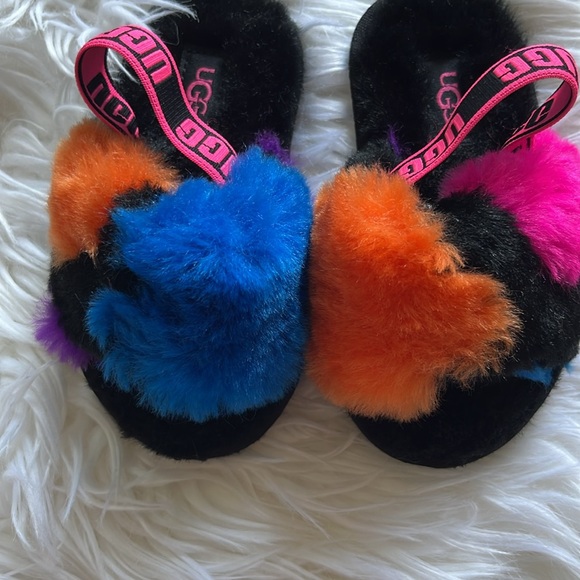 Ugg Black Fluff Yeah Party Spots Slipper Slingback Slides Size 7 - Picture 3 of 5